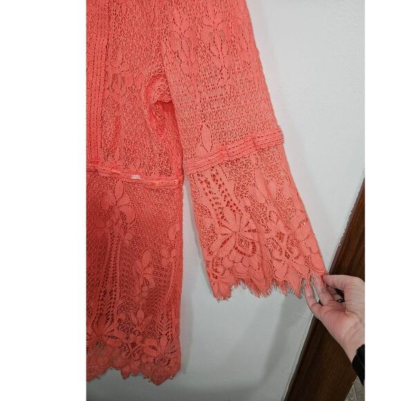 Coral Orange Lace Crochet Cover-up Kimono Tie Waist Button Front Long Sleeve XL - Picture 5 of 10